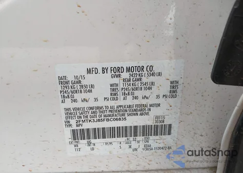 2015 Ford Edge Sel из США, поврежденный, VIN 2FMTK3J85FBC06835